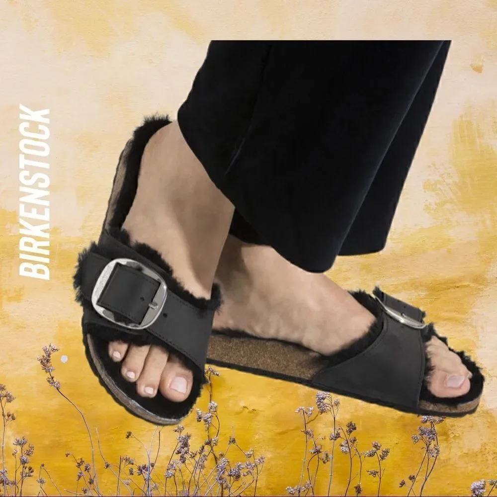 BIRKENSTOCK MADRID SHEARLING BIG BUCKLE SANDALS BLACK NEW NWT